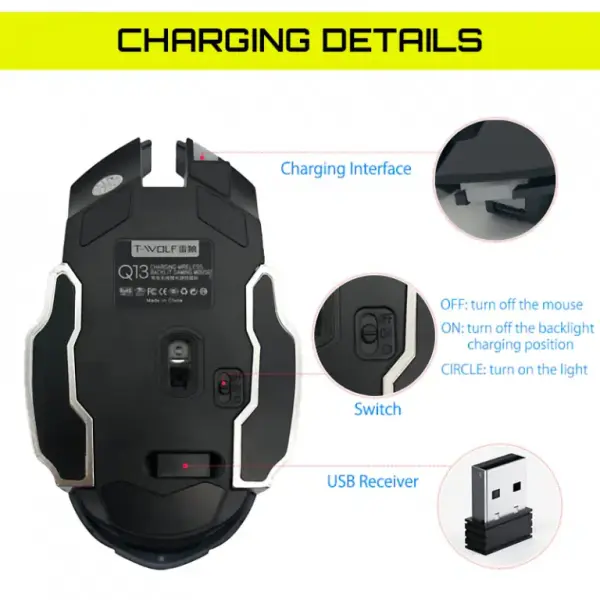 Wireless Gaming Mouse T-Wolf Q13 Rechargeable With RGB Backlit